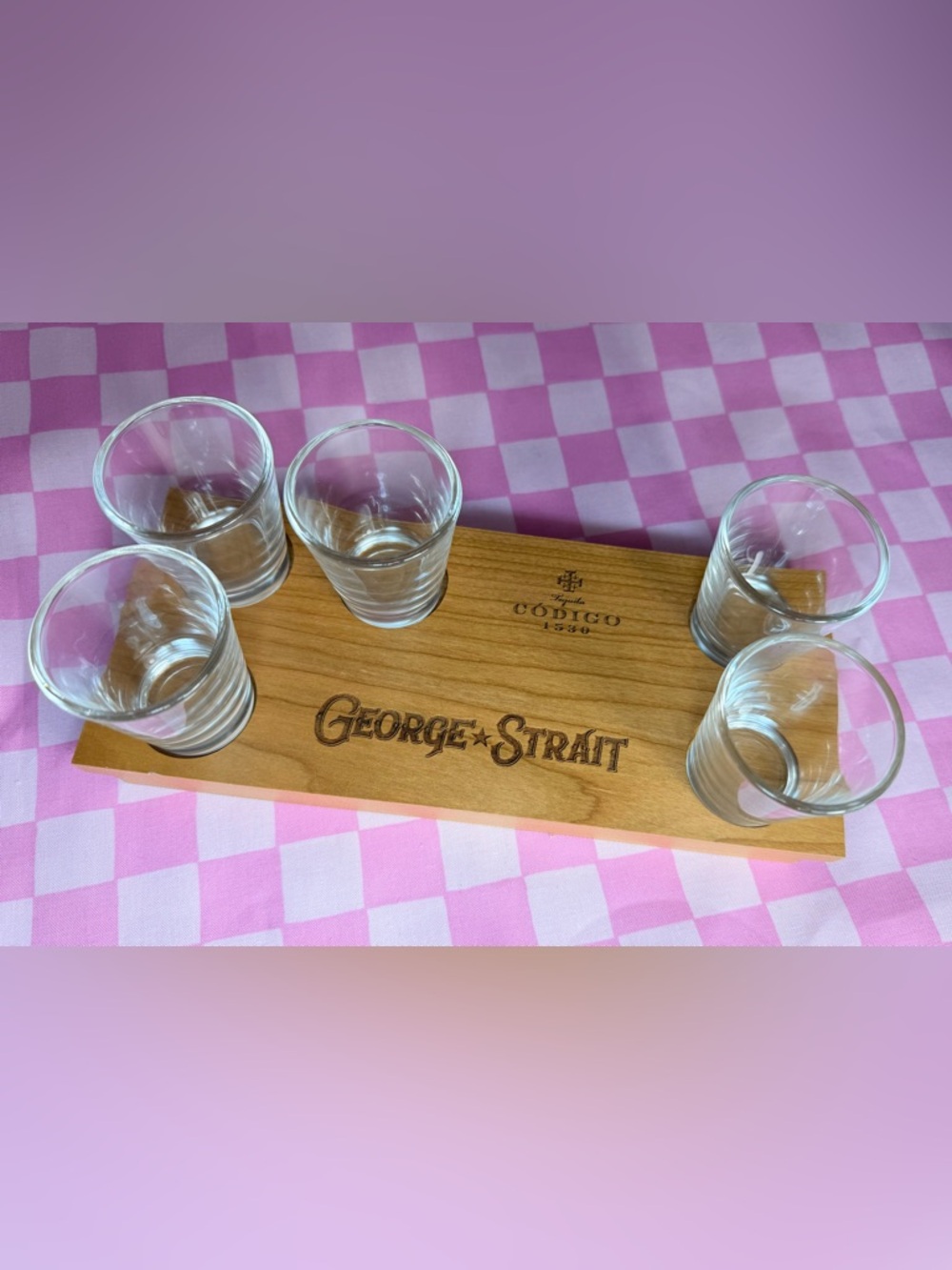 George Strait Branded Wooden Shot Glass Flight with Clear Glasses - Natural